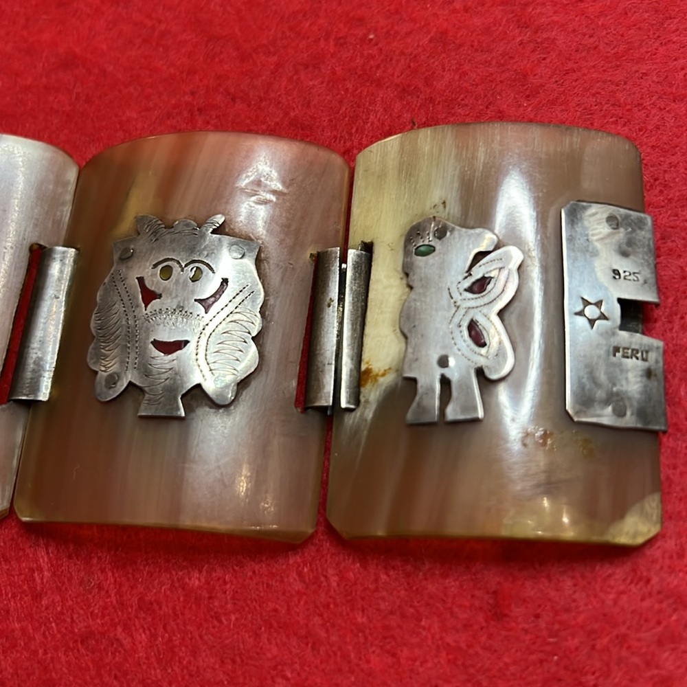 Peruvian Horn & Sterling Silver Panel Bracelet Indigenous People Motif Peru - Picture 3 of 6